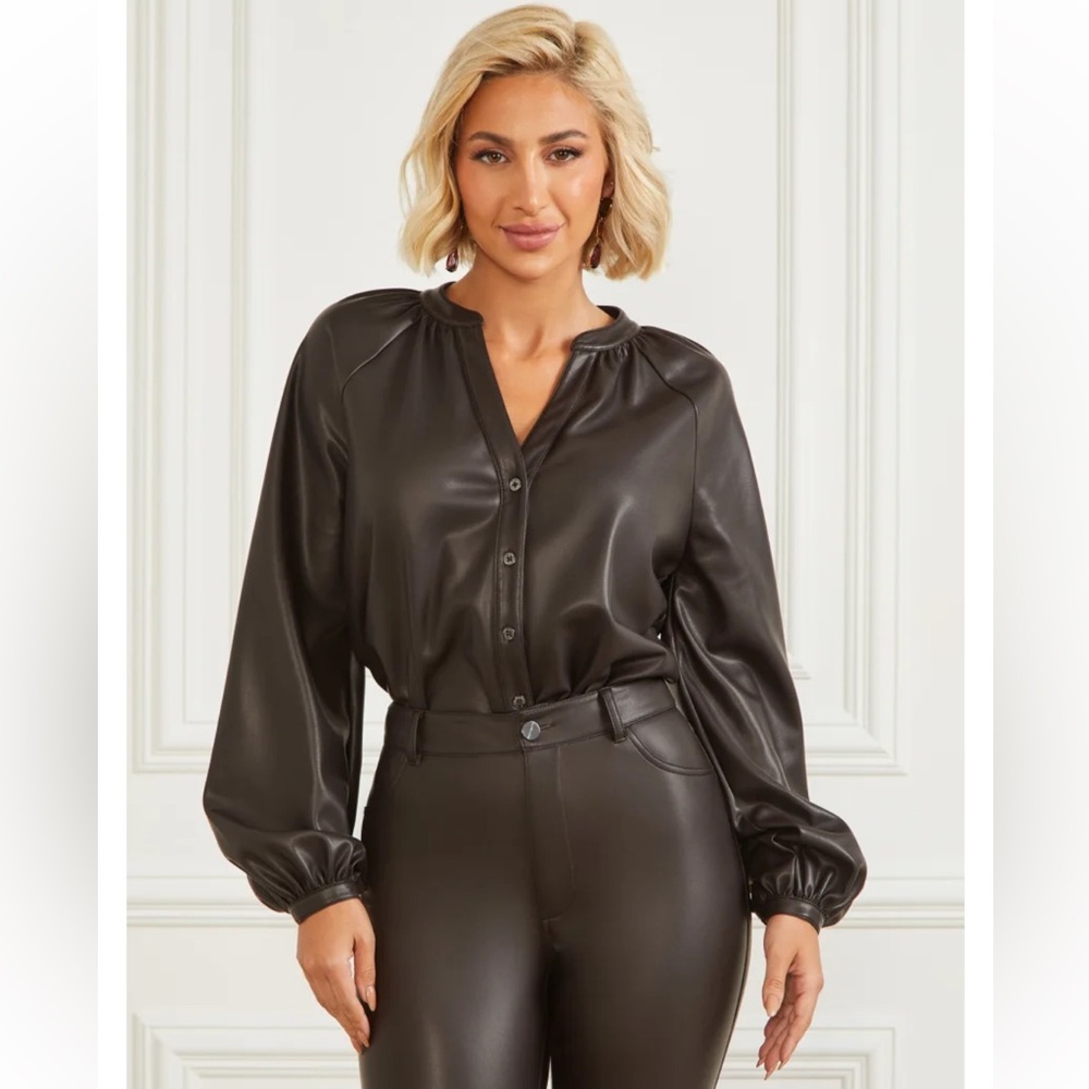 Marciano Black Faux Leather Blouse Size Medium